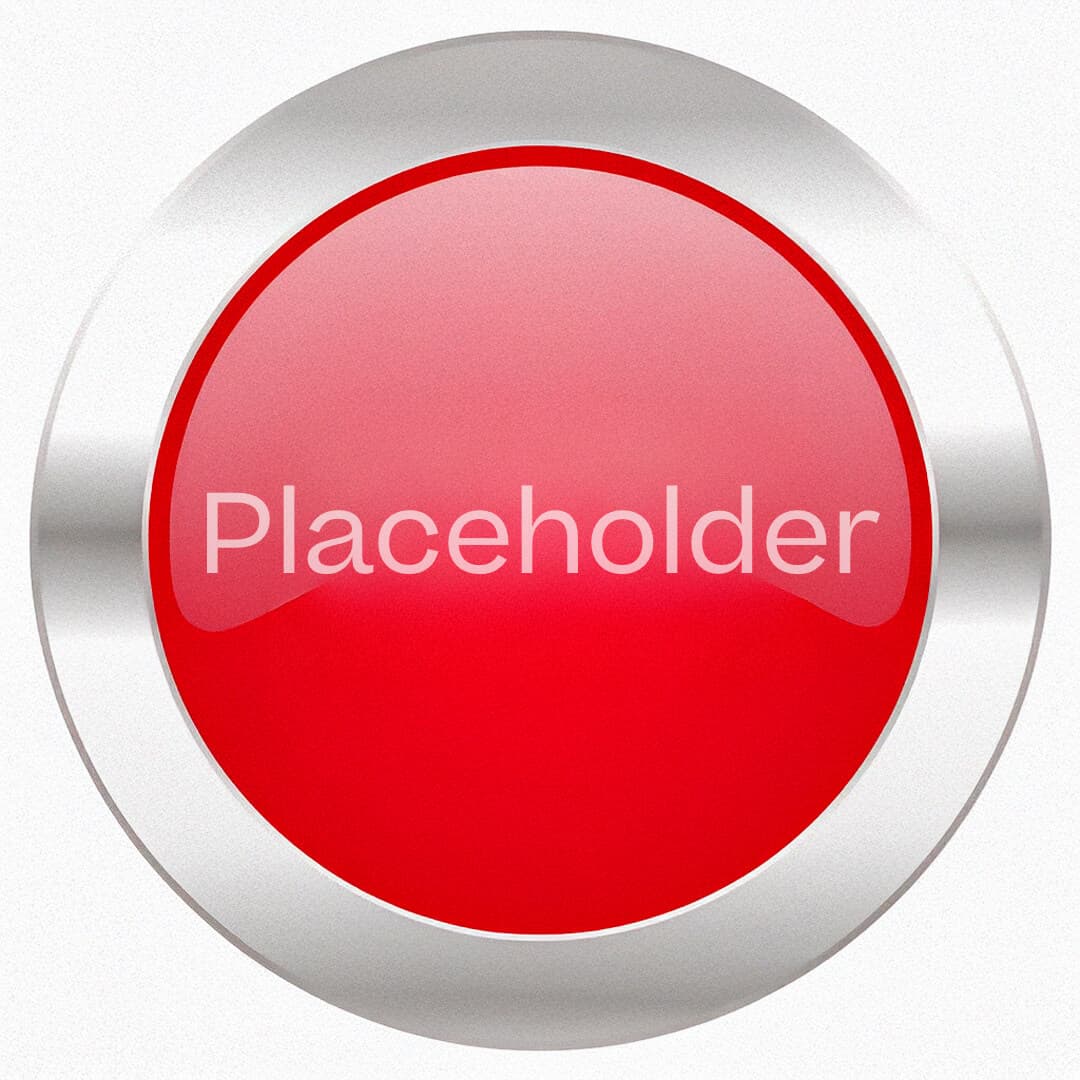 Blank rød knapp med en metallisk sølvramme, som viser ordet 'Placeholder' i hvit, sentrert tekst på overflaten.