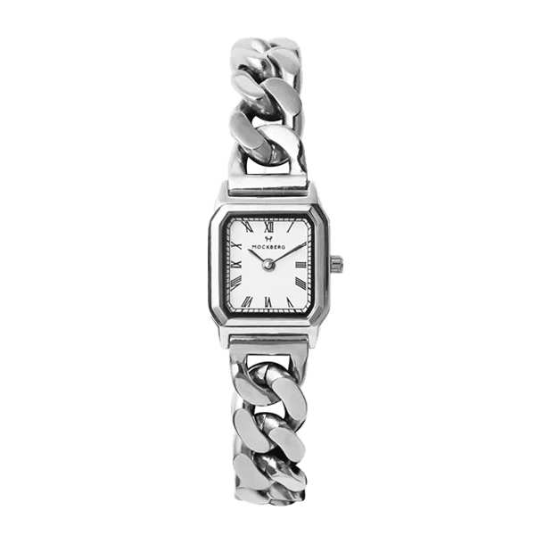 Sølvfarget armbåndsur med kjedelenker, firkantet urskive, romertall og minimalistisk design.