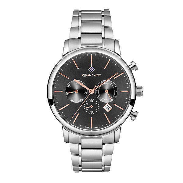 Et elegant sølvfarget armbåndsur med svart urskive, flere underurskiver og sølvfargede timemarkører, med datovindu og metallisk lenke.