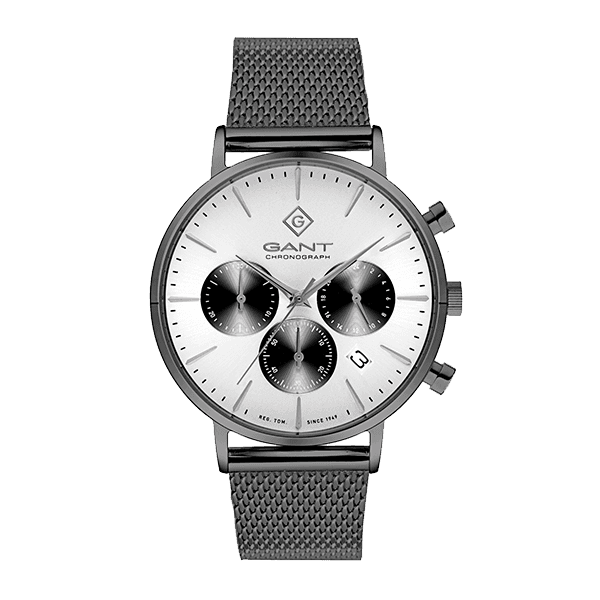 Sølvfarget Gant-kronografklokke med nettingrem, tre underurskiver og datovindu på en ren, elegant urskive.