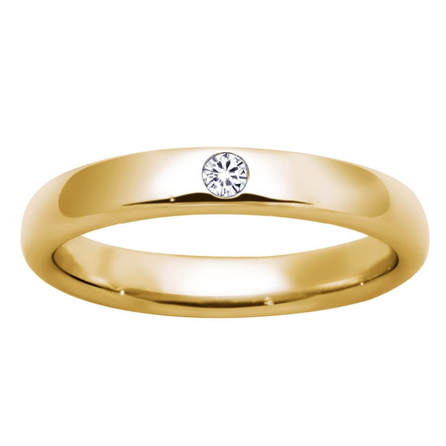 Gullring med en liten, rund diamant satt i midten, vist på hvit bakgrunn.